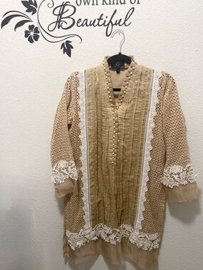 Tan Lace-Trim Pleated Party wear Suit